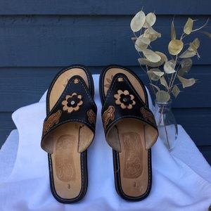 Women’s Floral Black Brown Leather Mexican Sandals